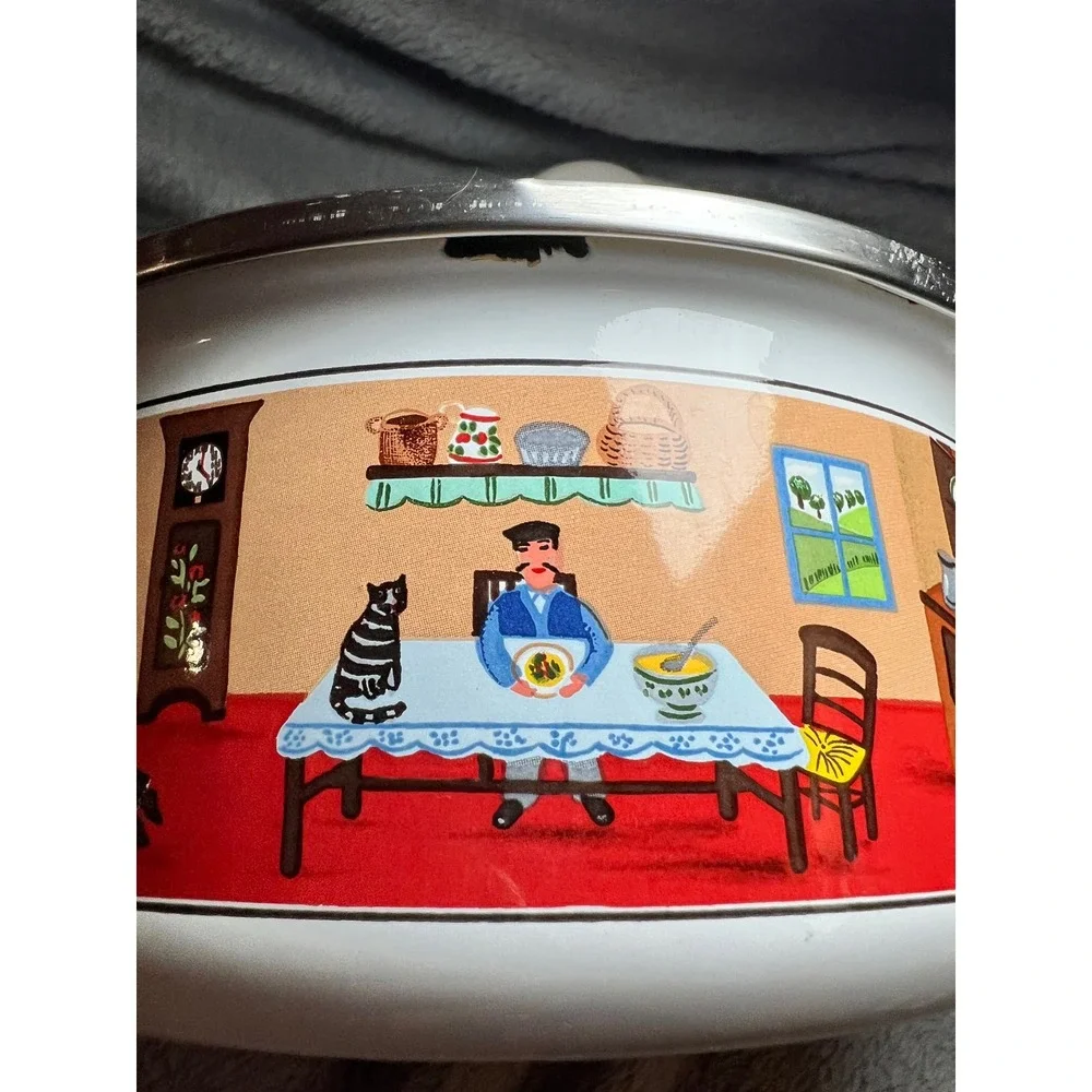Villeroy & Boch Naif‎ Enamel Pot w/ Lid Double Handle Folk Art Laplau Germany